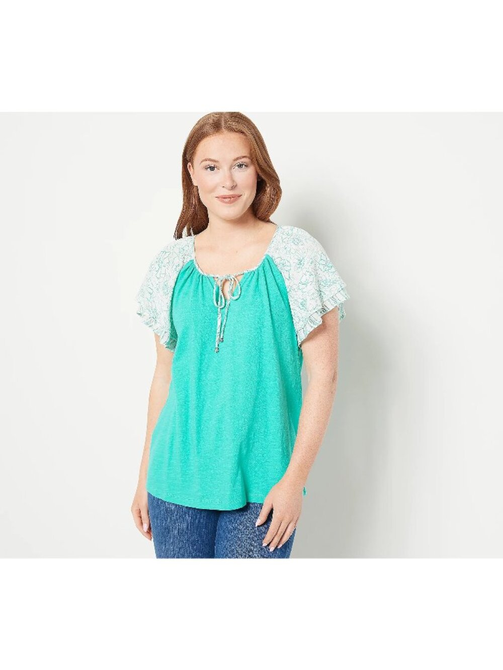Susan Graver Top Medium Pure Cotton Slub Knit with Printed Flutter Sleeves NEW